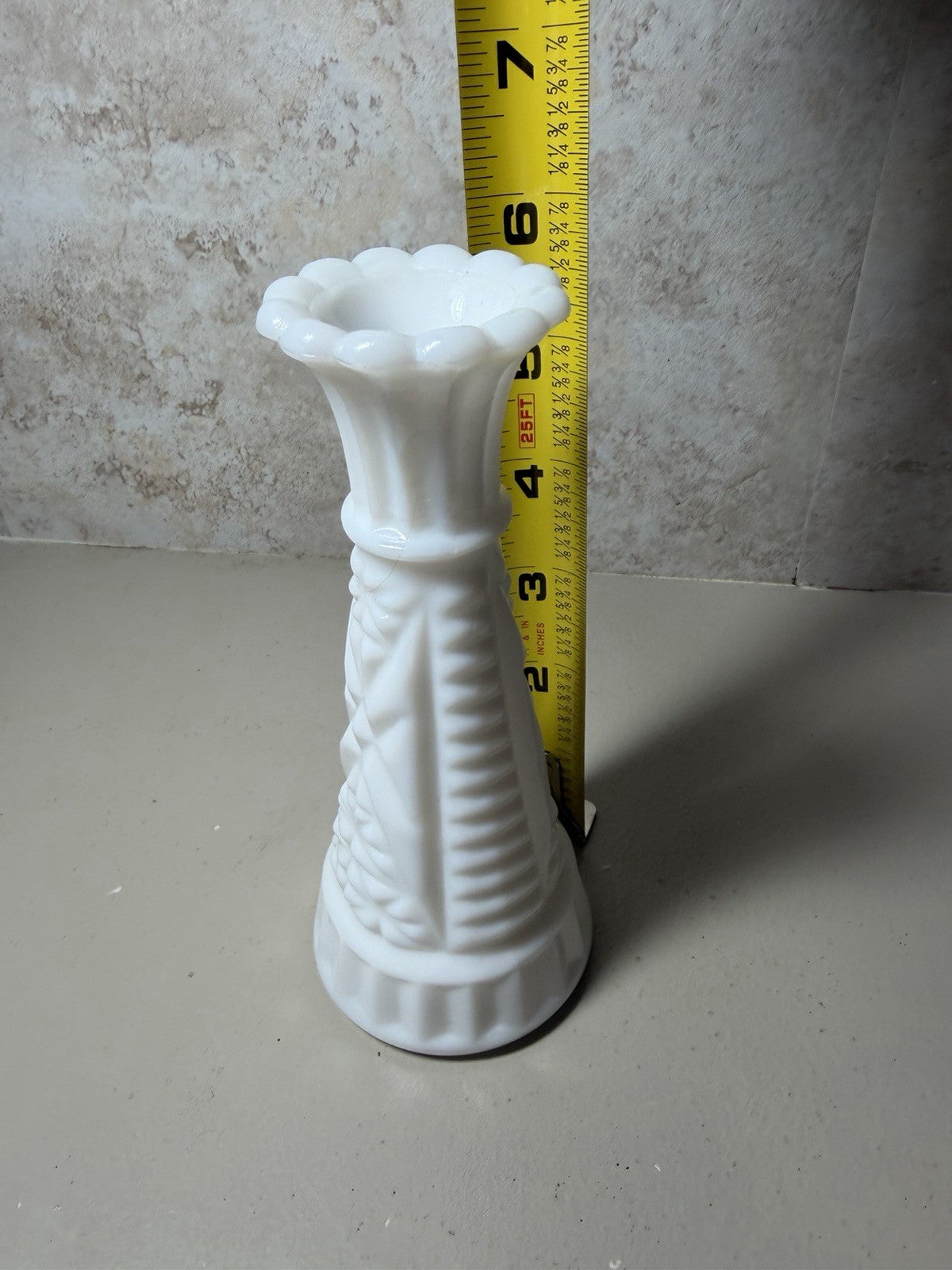Vintage White Milk Glass Bud Vase 6 Inch Diamond Starburst Scalloped Edge