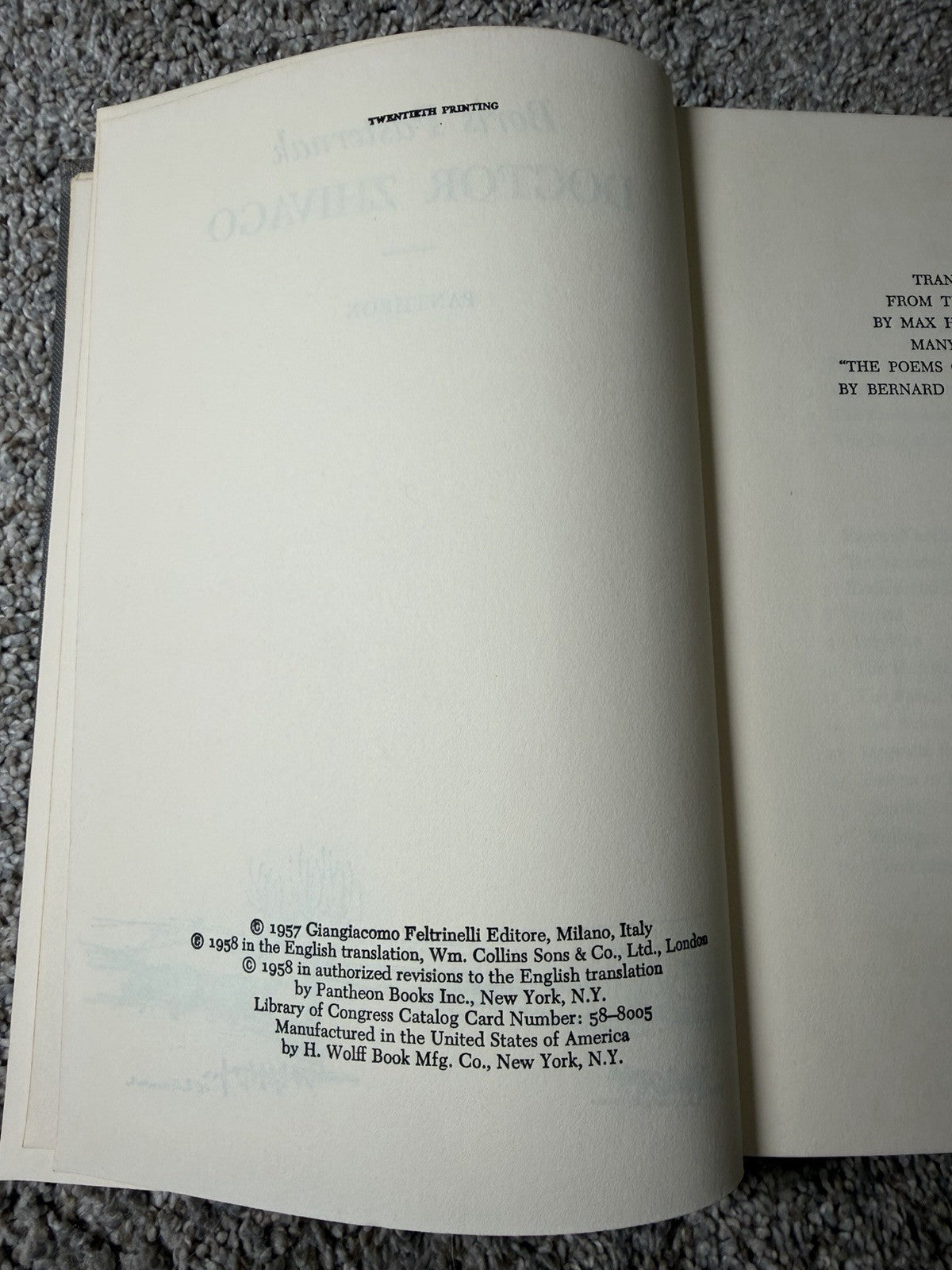Vintage Doctor Zhivago 1957 Boris Pasternak Pantheon 20th Printing Hardcover