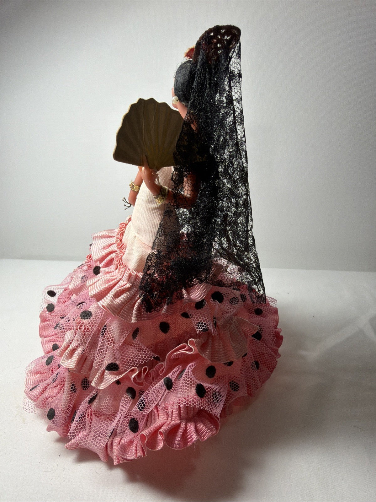 Vintage Marin Chiclana Flamenco Doll Pink Black Dress with Fan Spain