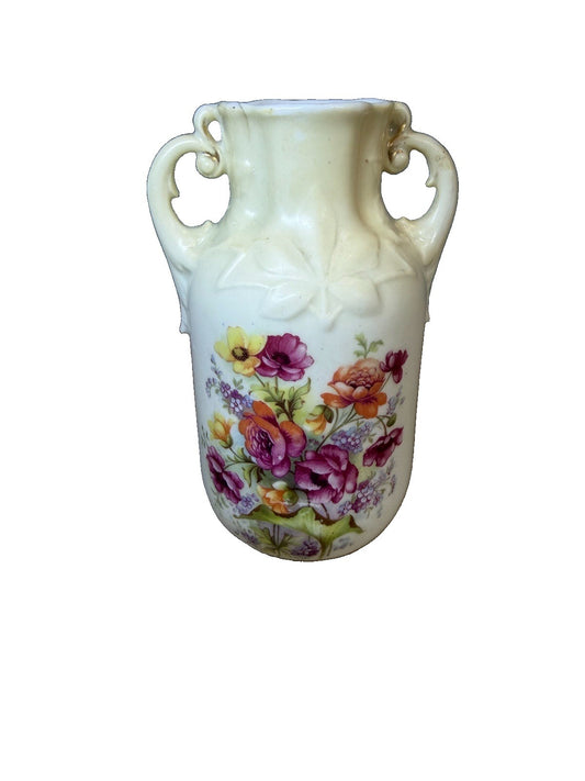 Antique Austria Porcelain Double Handle Floral Vase Hand Painted 6.5 Inch Urn