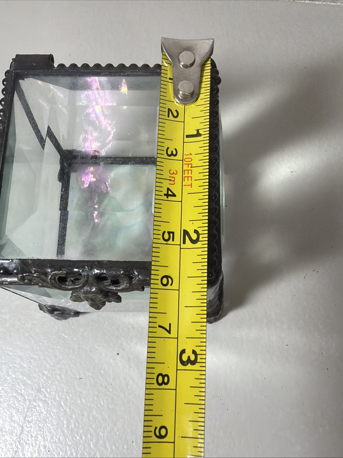 Vintage Style Built Beveled Glass Trinket Jewelry Box Footed Iridescent Metal 3"
