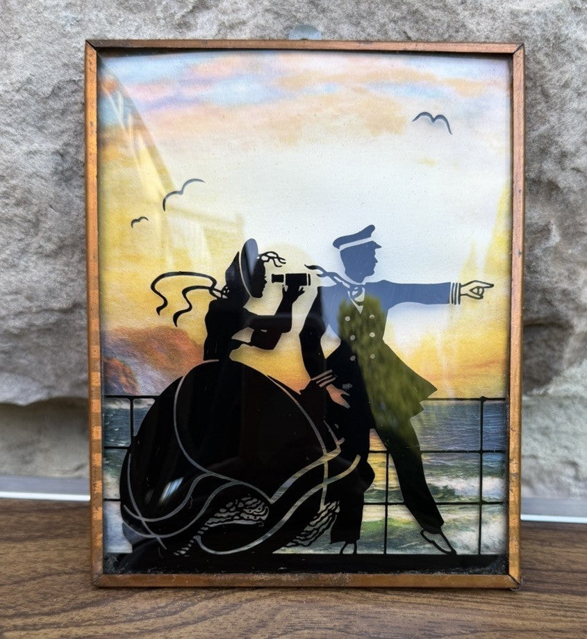 Vintage Nautical Sailor Couple Reverse Painting Convex Glass Framed Folk Art