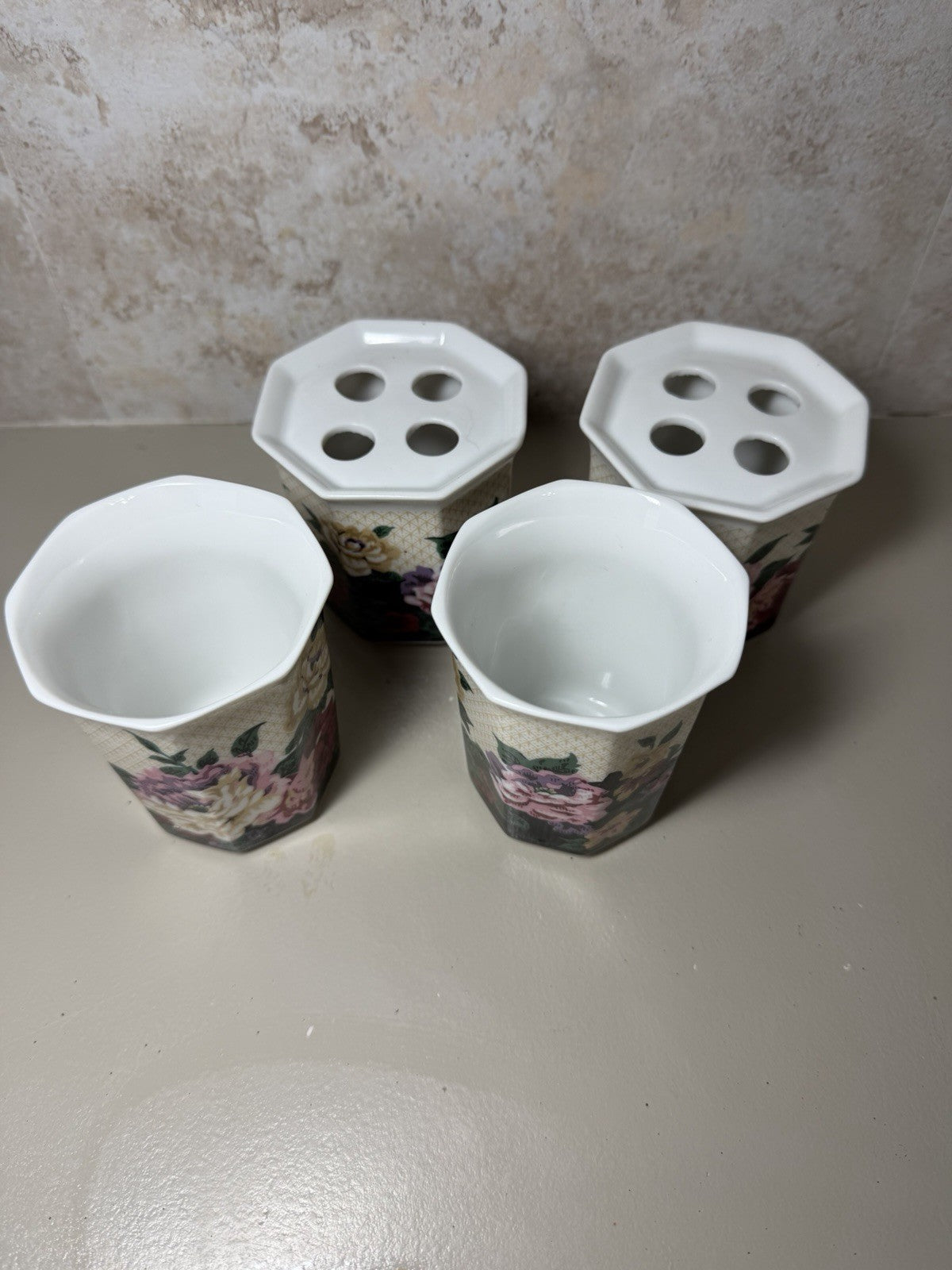 Vintage Springs Chatham Floral Ceramic Tumblers Toothbrush Holders Set of 4