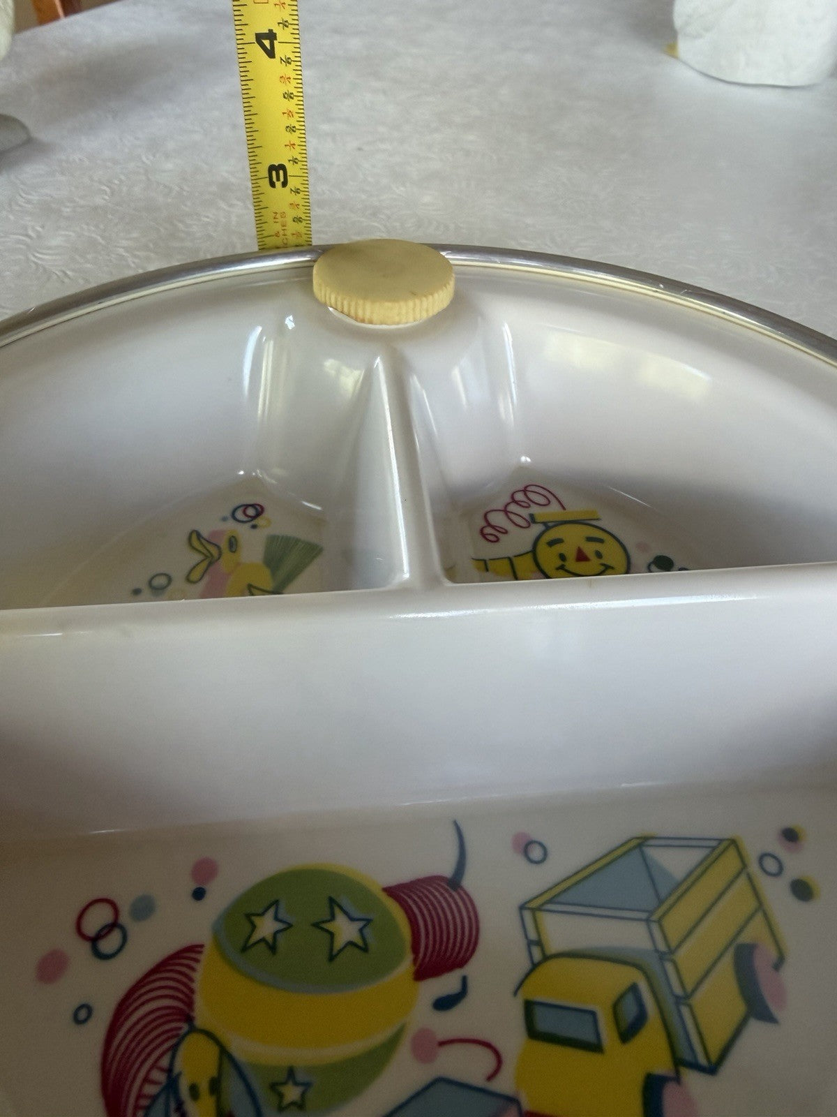 Vintage Baby Food Warmer Divided Dish Boy Girl Yellow Screw Plug Nursery Feeding