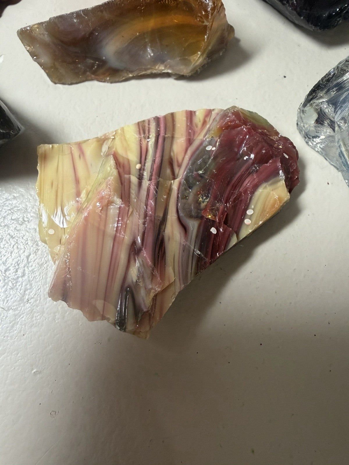 Raw Slag Glass Cullet Chunks Red Amber Yellow Orange Black Stones Lot of 12
