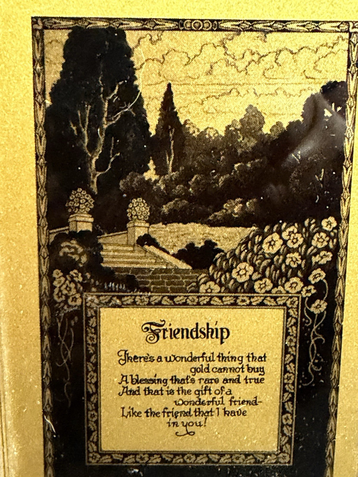 Black Gold Pocket Mirror Silhouette Friendship Poem Tripod Stand 4.5"x3"