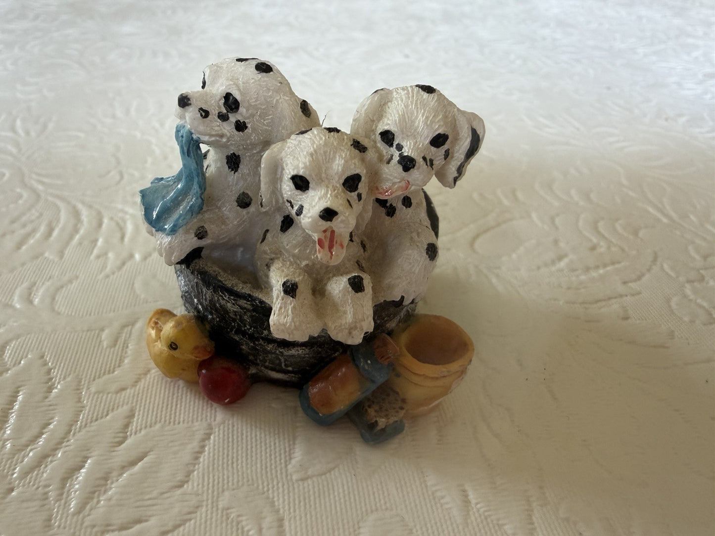 Vintage Dalmatian Puppy Figurine Lot 4pc Wind Up Musical Music Box Red Wagon