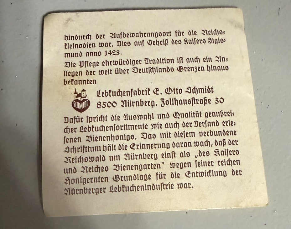 Vintage E Otto Schmidt Nuremberg Lebkuchen Tin 7" with Historical Insert
