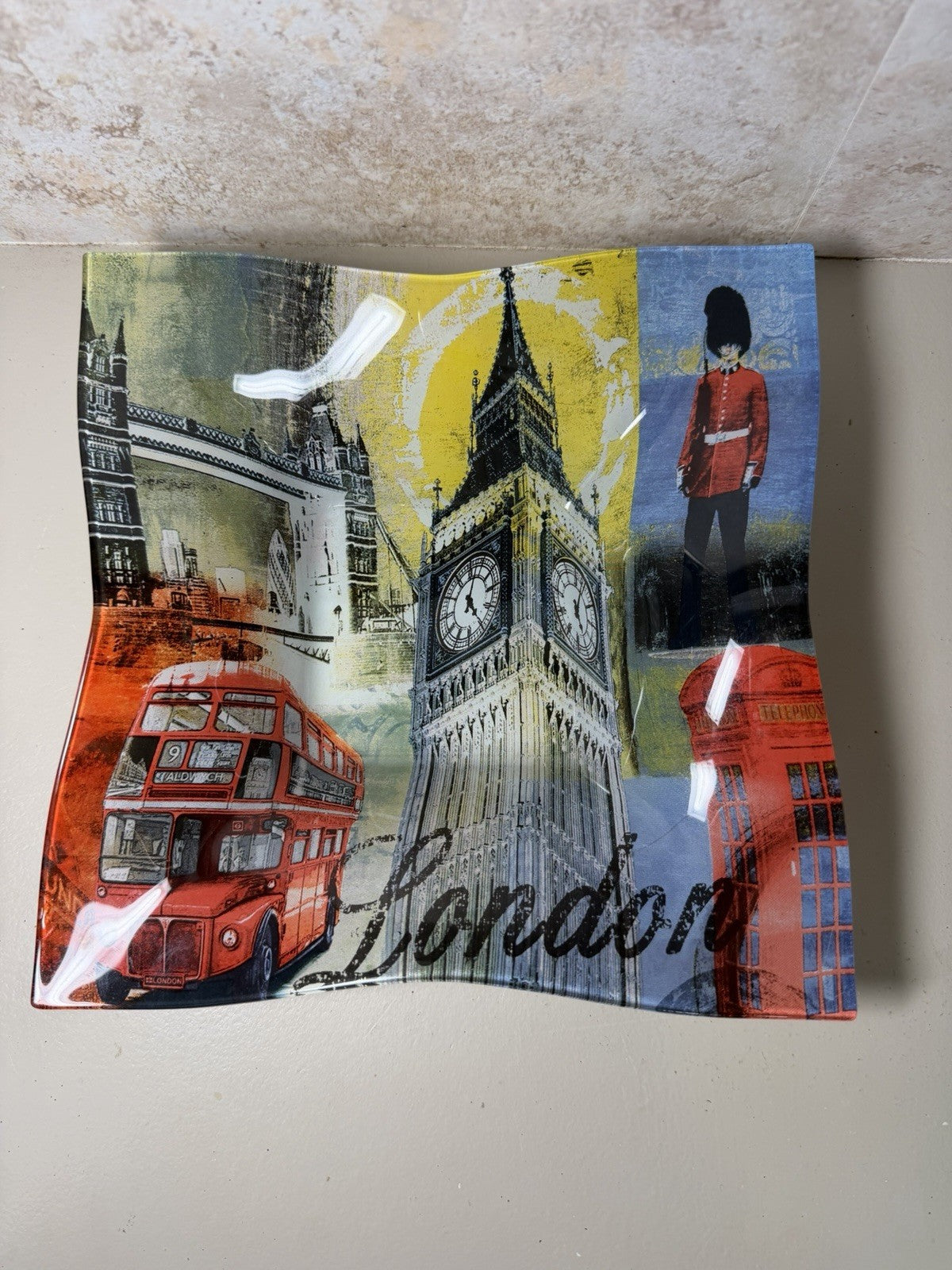 London England Souvenir Fused Glass Square Dish Tray Big Ben Red Bus Decor UK