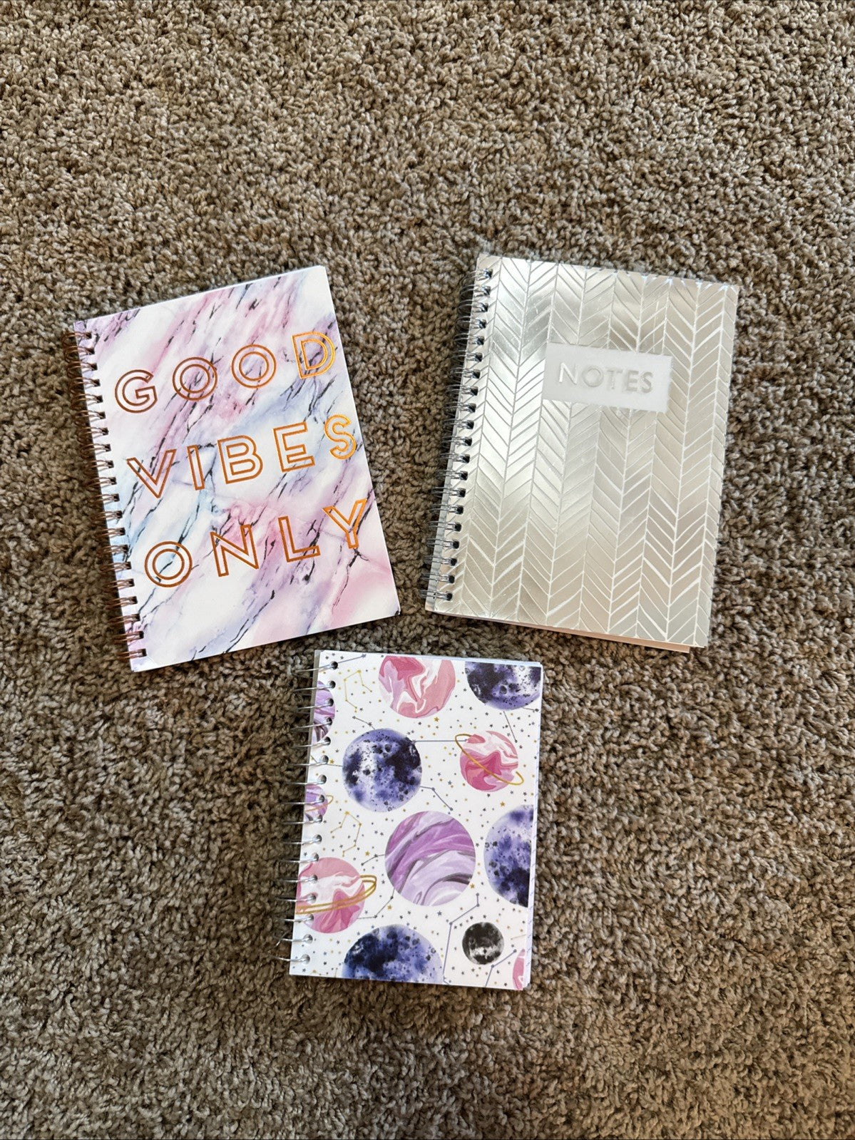 Lot of 3 Spiral Carnet Notebooks Journals – Good Vibes Only, Planets, Chevron