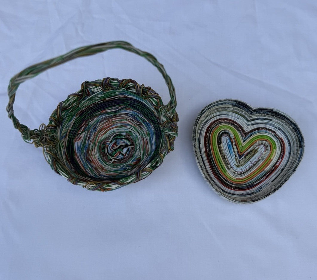 Handmade Recycled Telephone Wire Basket Coiled Newspaper Heart Dish Set Eco Art