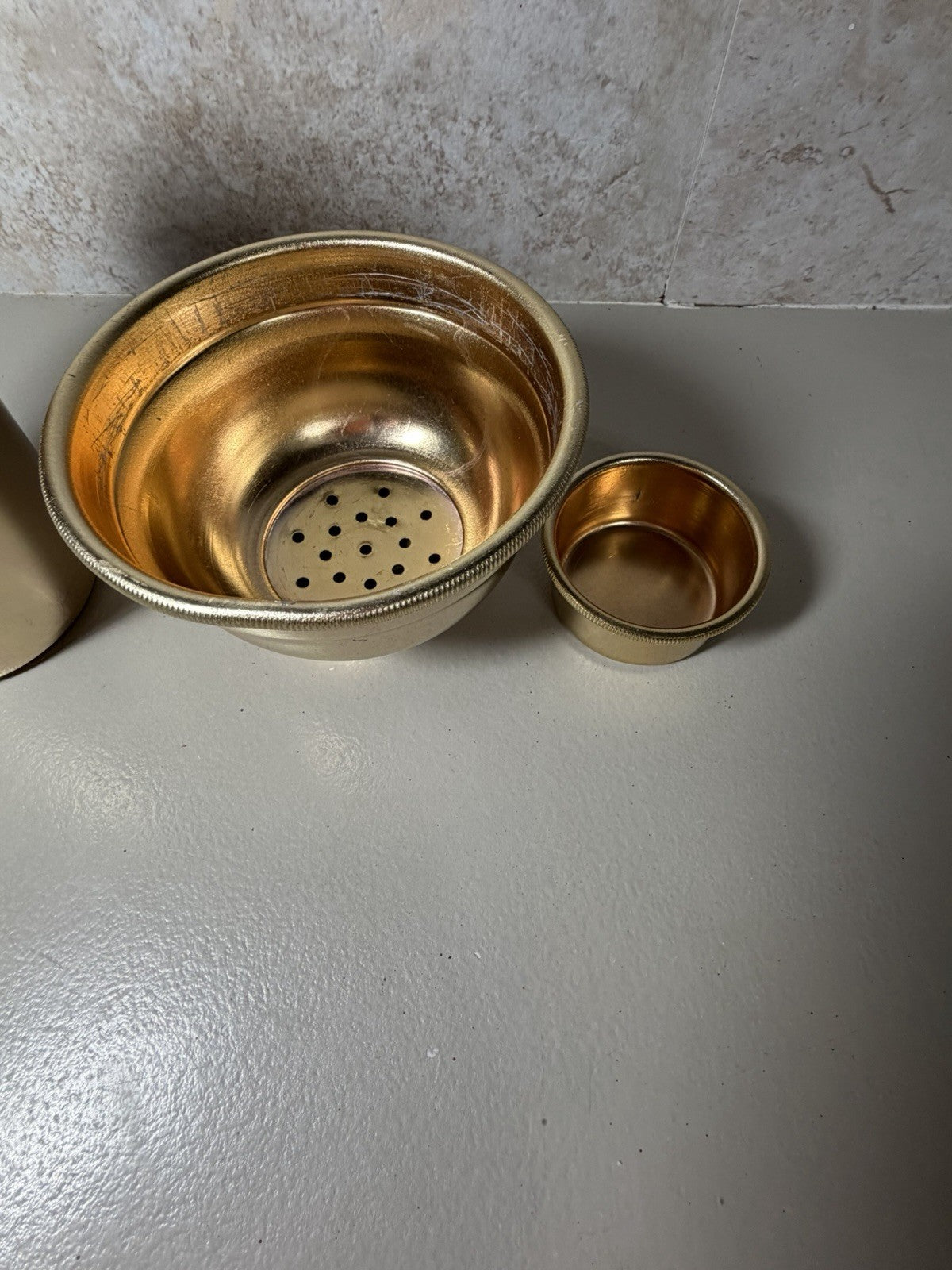 Vintage Italian Gold Tone Aluminum Barware Set Pitcher Shaker 6 Cups Made Italy