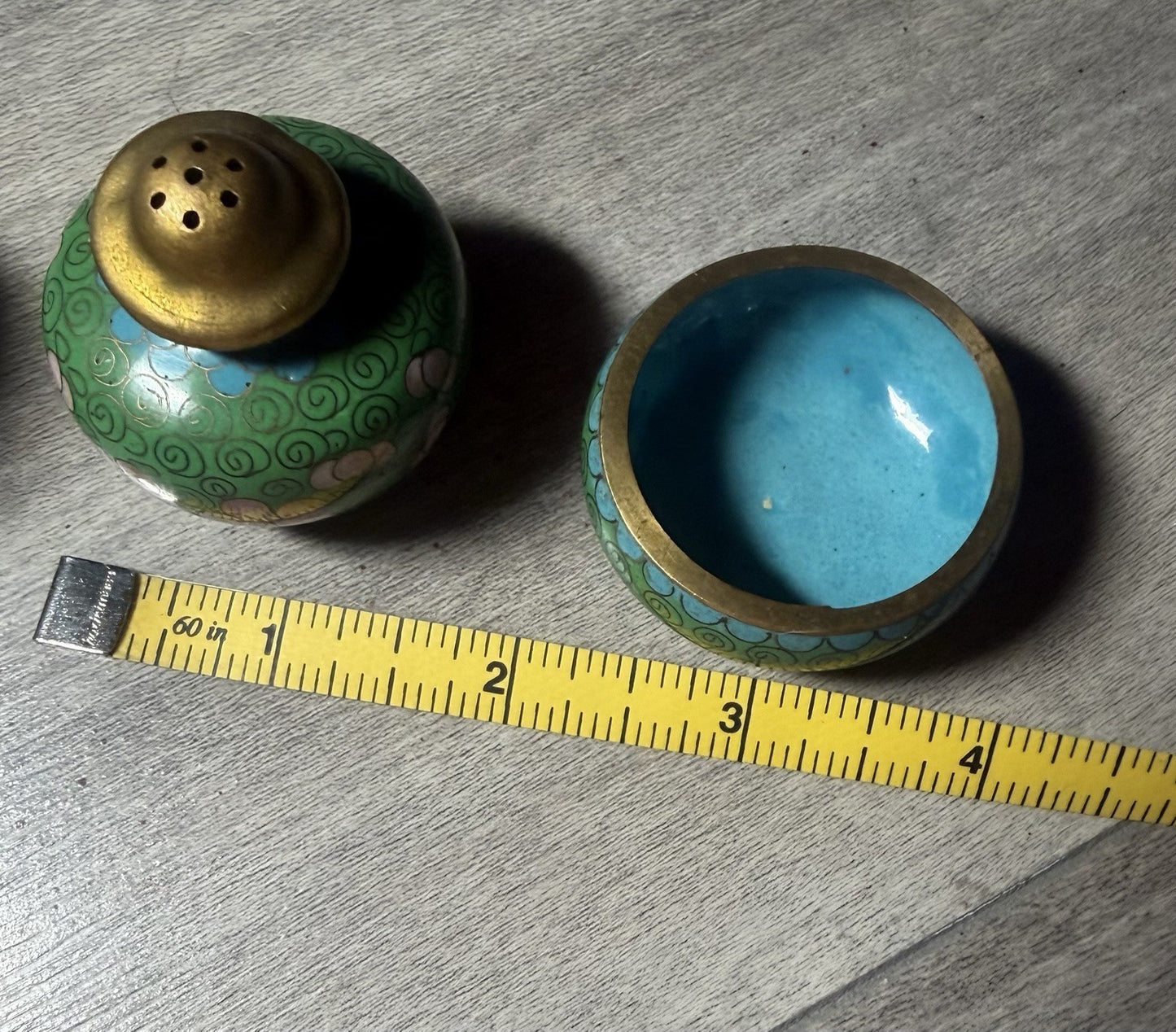 Vintage Cloisonne Salt Pepper Shakers Floral Enamel Green Pink Set