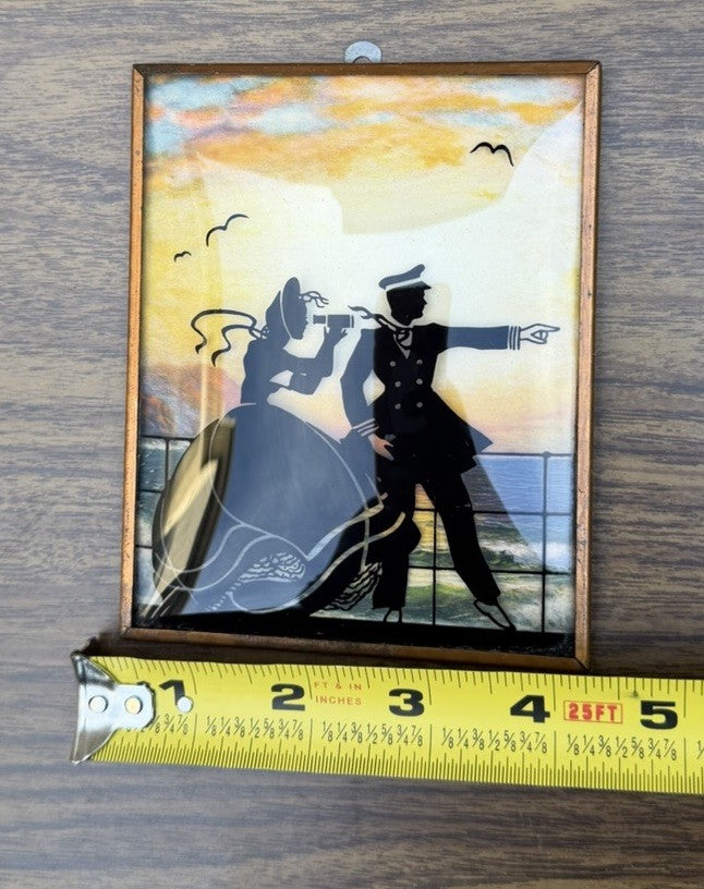 Vintage Nautical Sailor Couple Reverse Painting Convex Glass Framed Folk Art