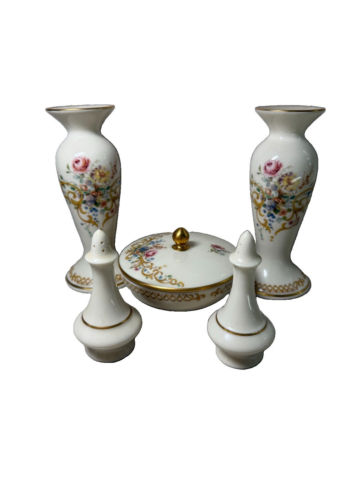 Lenox Queens Garden 5 Piece Lot Vases Covered Dish Salt Pepper Shakers Floral