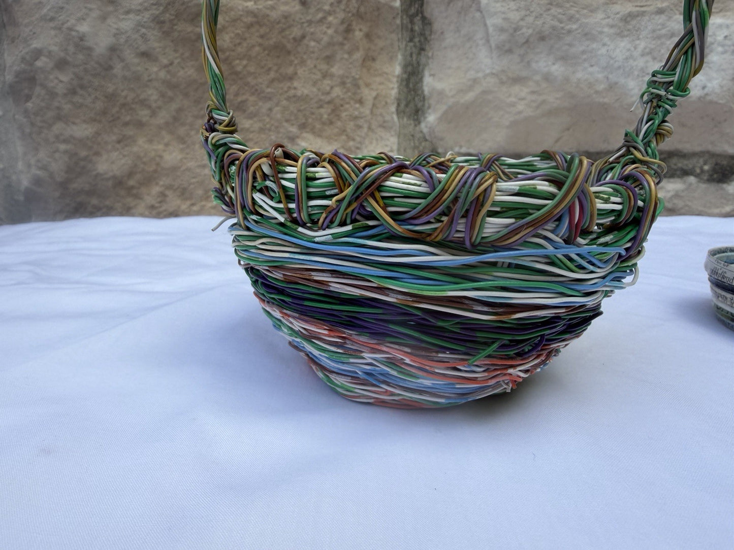 Handmade Recycled Telephone Wire Basket Coiled Newspaper Heart Dish Set Eco Art