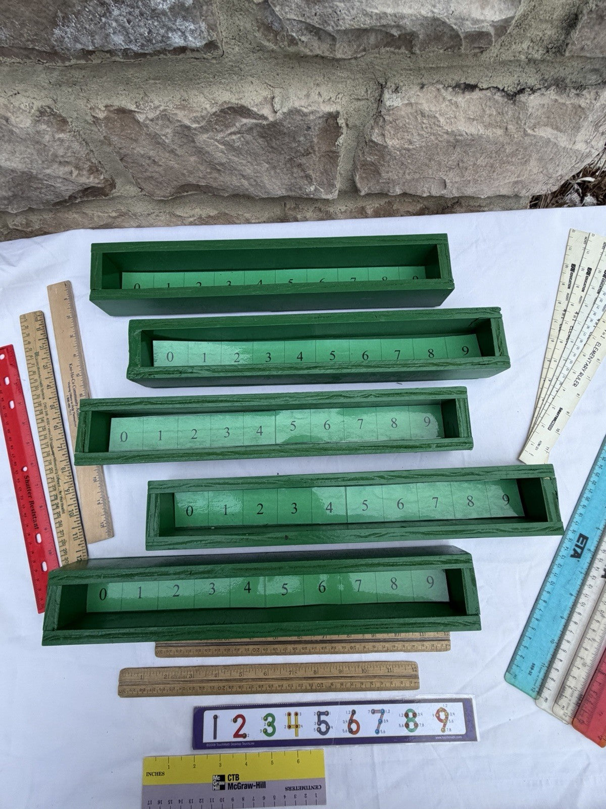 Montessori Number Rods Lot Wooden Boxes Math Learning Set & Assorted Rulers