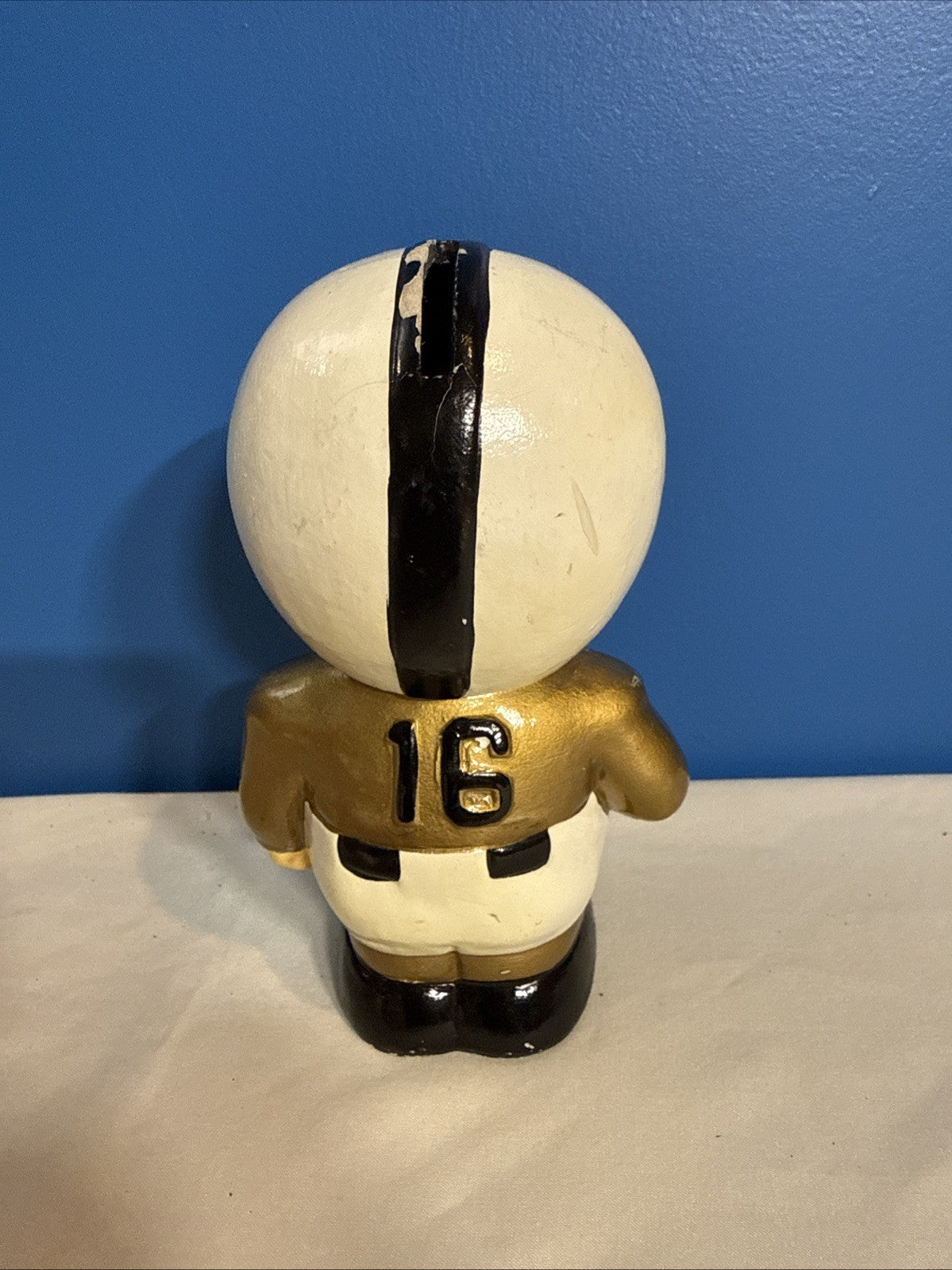 Vintage Football Player Figure Hard Plastic Coin Bank White Gold Uniform 6"