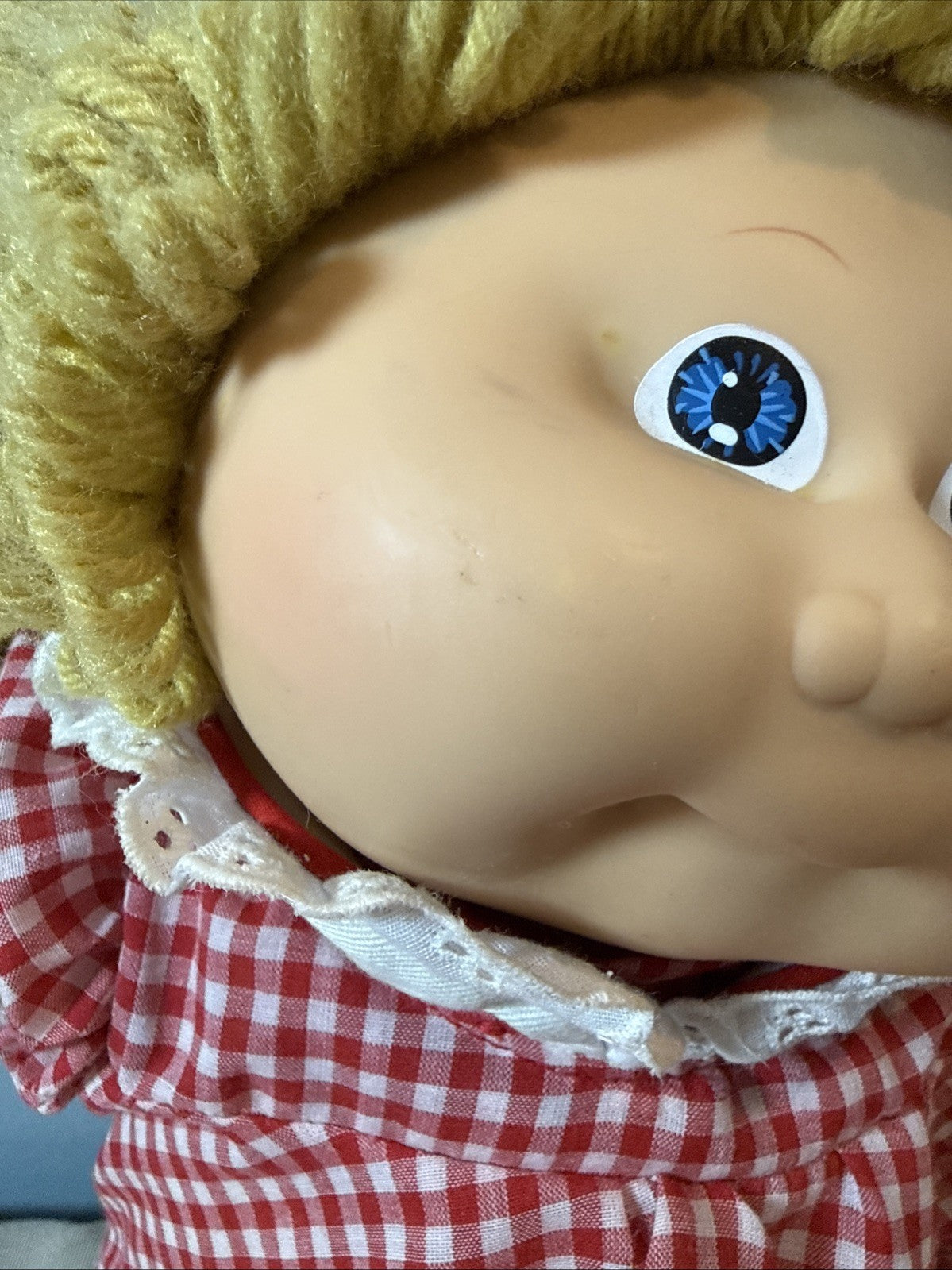 Vintage Cabbage Patch Kids Doll Dark Blonde Hair Blue Eyes Dimples Red Outfit