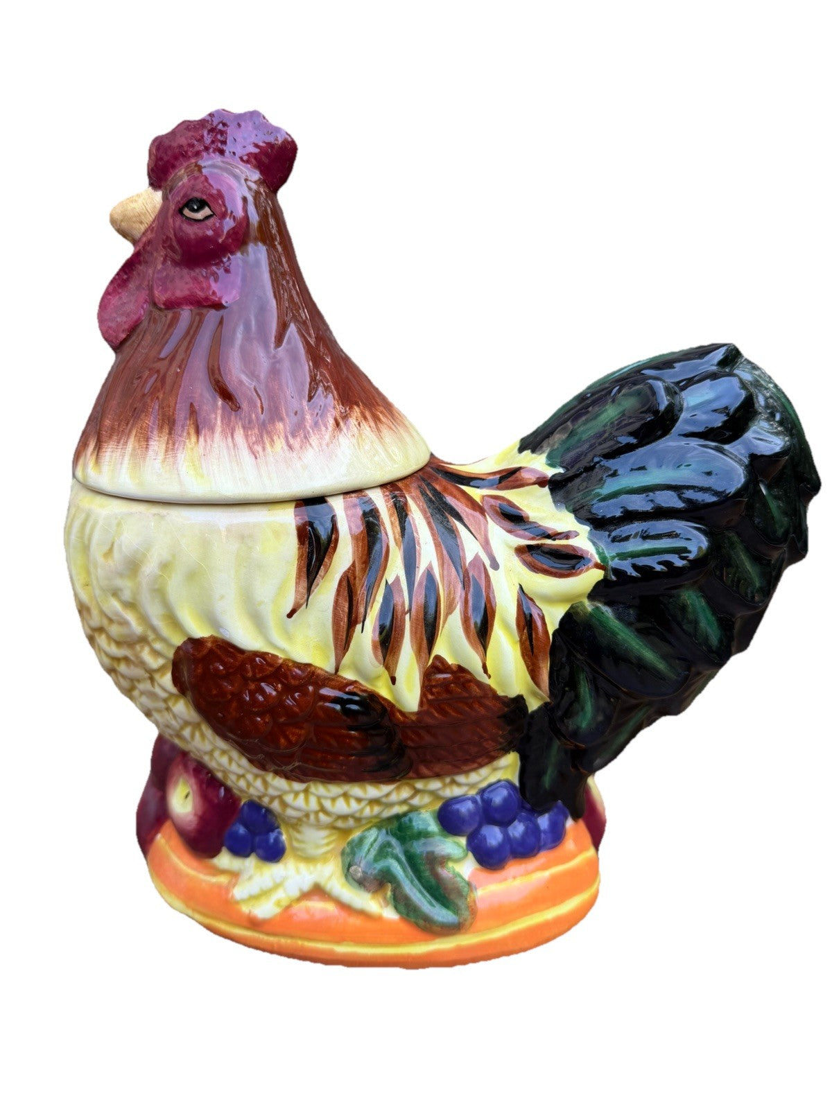 Vintage Rooster Hen Ceramic Cookie Jar Canister Fruit Relief Lid