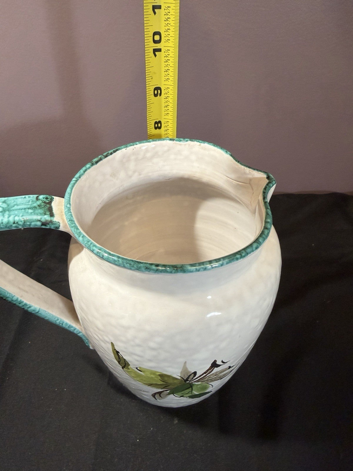 Vintage 1960s Italian Sgraffito Ceramic Pitcher Hand Painted Fruit 8"