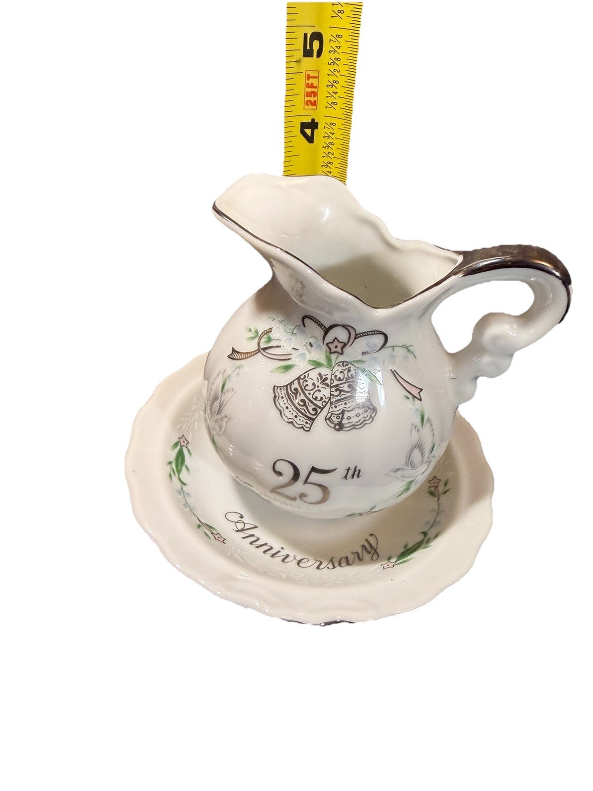 1984 Lefton Hand Painted China 25th Anniversary Pitcher Plate & Candle Votive