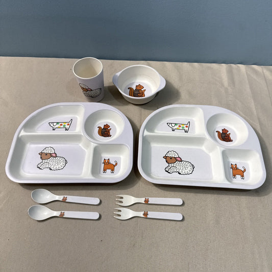 Jane Foster Kids Feeding Set 8 Piece Animal Divided Plates Bowls Cups Utensils