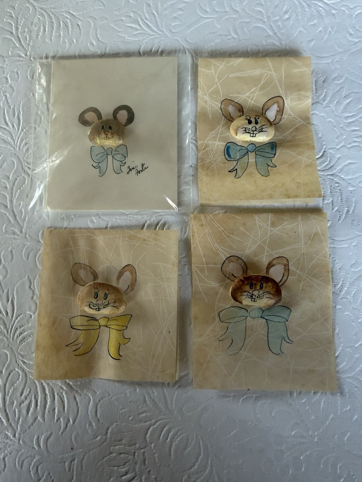 Joni Forte Signed Bean Art Mice Cards Hand Painted Folk Art Lot of 4