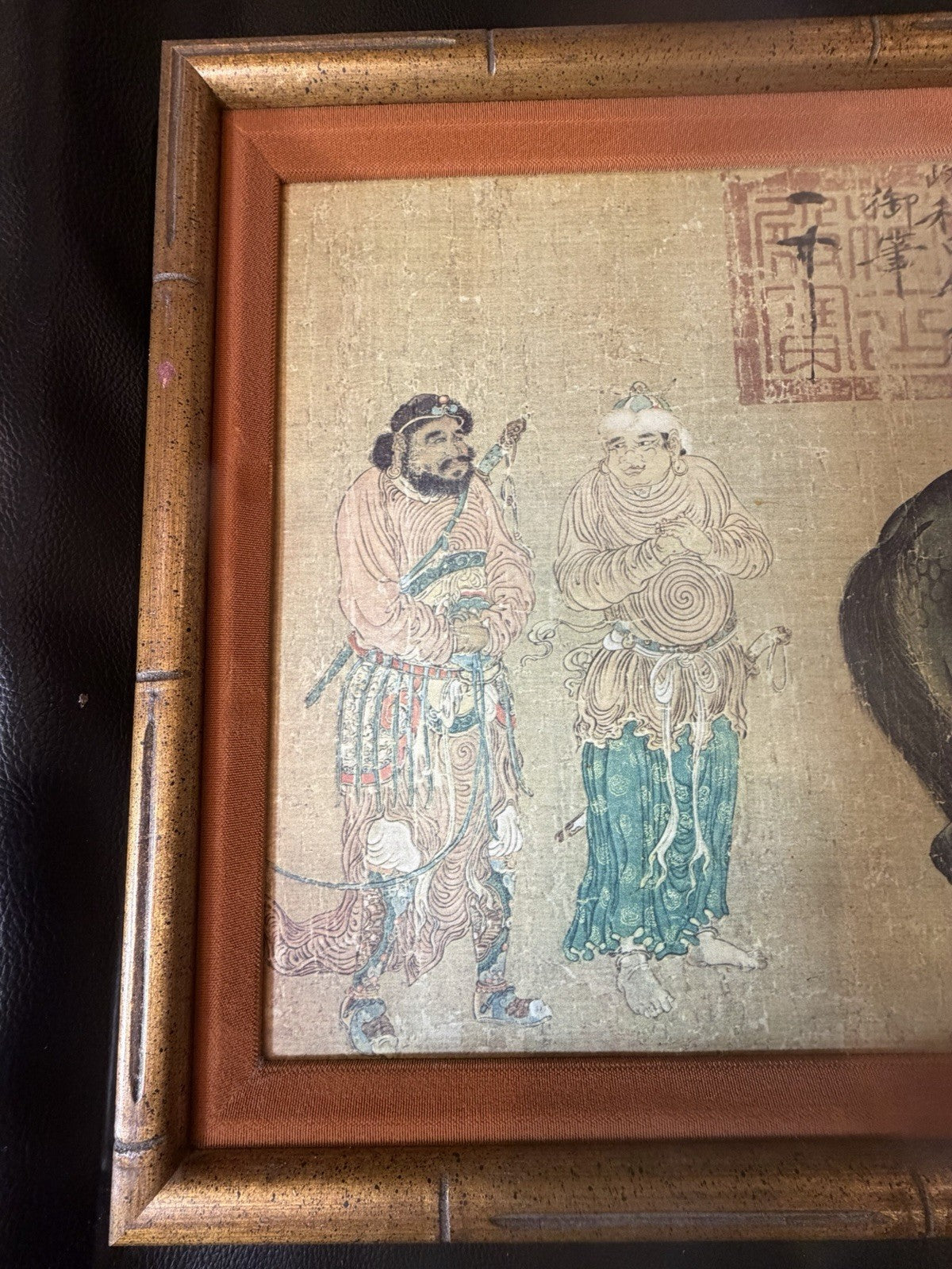 Vintage Chinese Silk Painting Horses Groom Tributary Art Faux Bamboo Frame 42x14