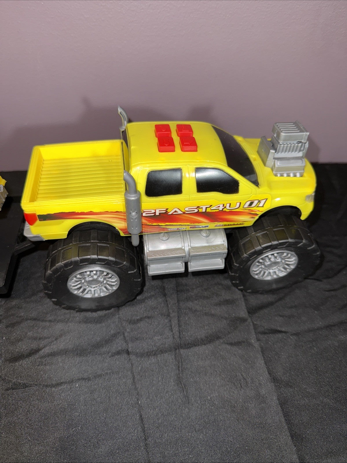 Vintage 2FAST4U Yellow Monster Truck Funny Car Trailer Combo Sounds WORKS