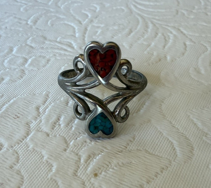 Vintage Hearts Bypass Harvey Era Silver Plated Navajo Turquoise Ring Size 7.5