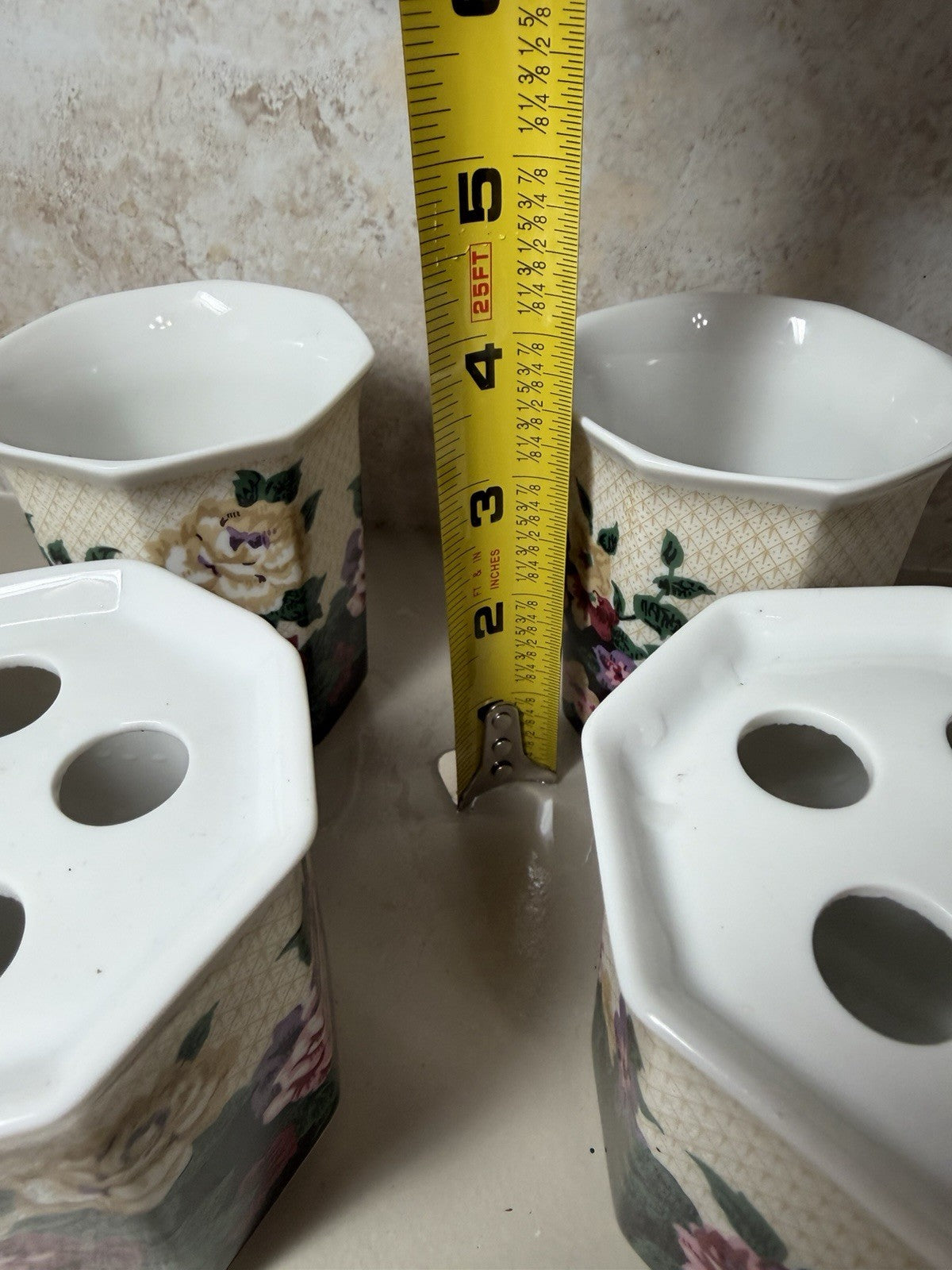 Vintage Springs Chatham Floral Ceramic Tumblers Toothbrush Holders Set of 4