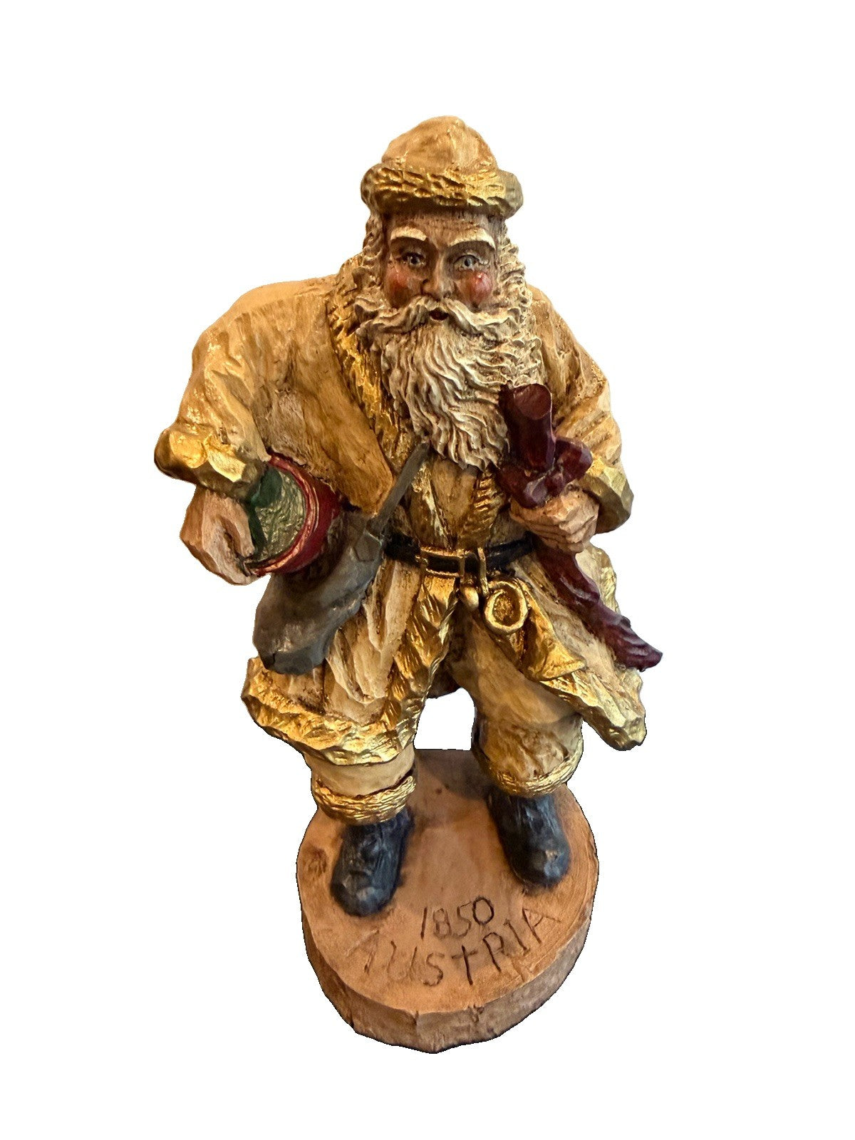 Pair Hand Carved Folk Art Santa Figurines Austrian Russian Style Wooden Figures