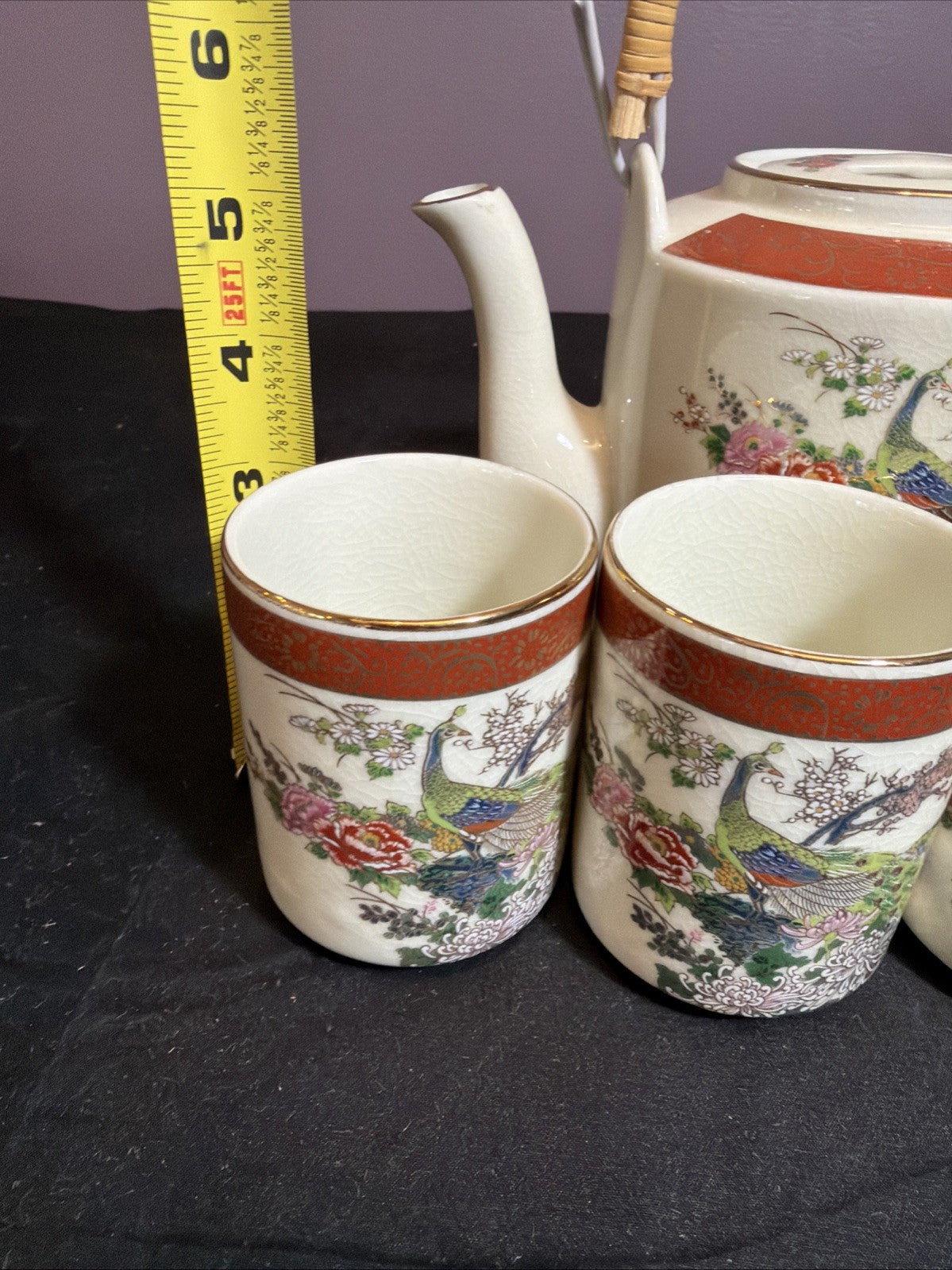 1979 Satsuma Japan Peacock Tea Set Gold Trim Rattan Handle Vintage