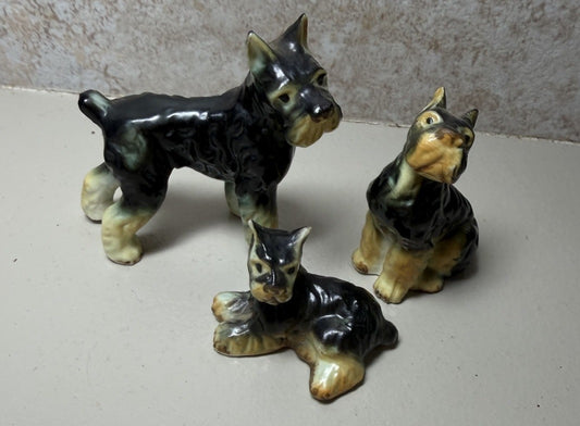 Vintage Ceramic Schnauzer Dog Figurines Set of 3 Standing Sitting Lying Dogs Lot