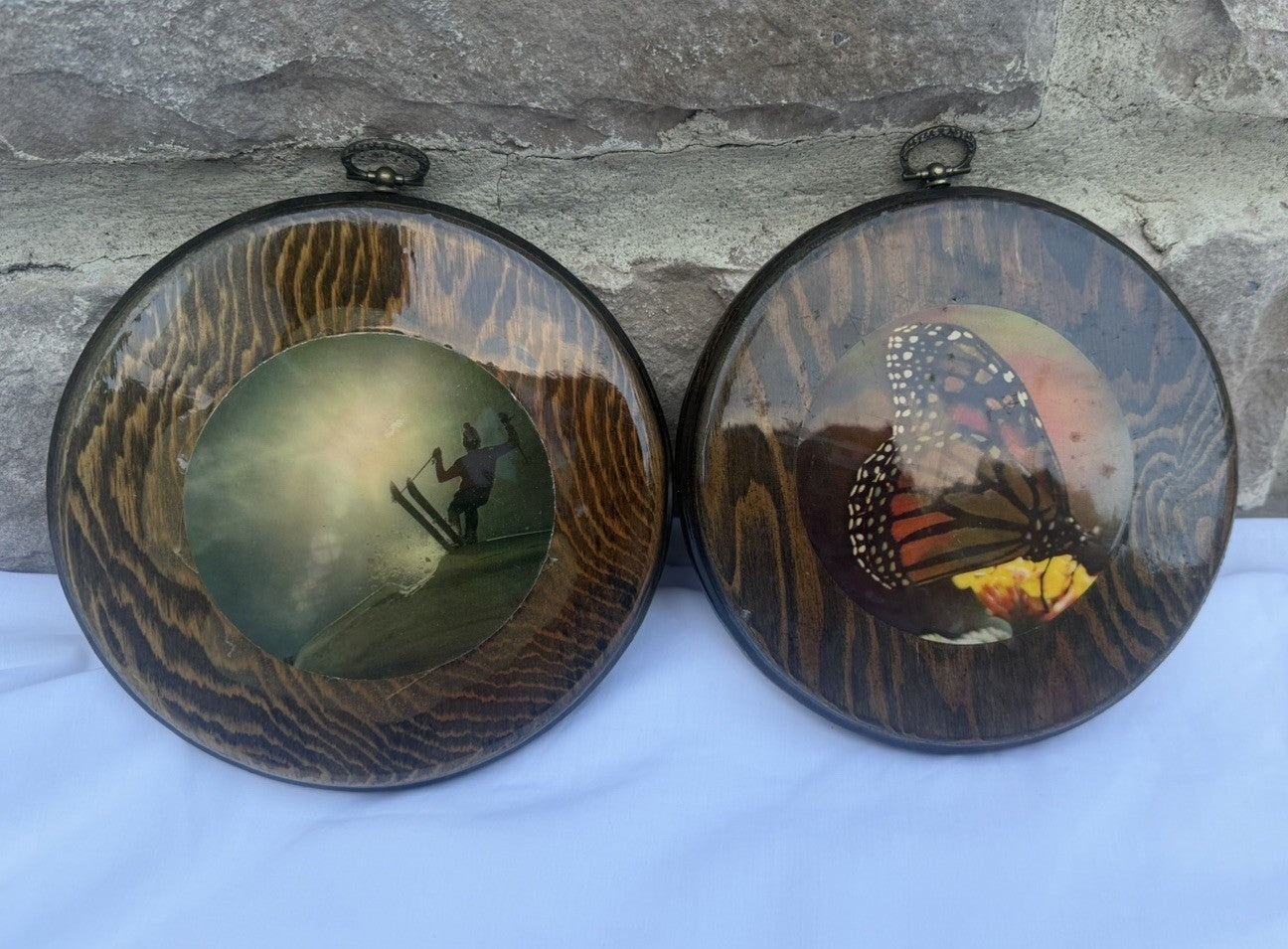 Vintage Decoupage Wood Wall Plaque Pair Monarch Butterfly Downhill Skier 1970s