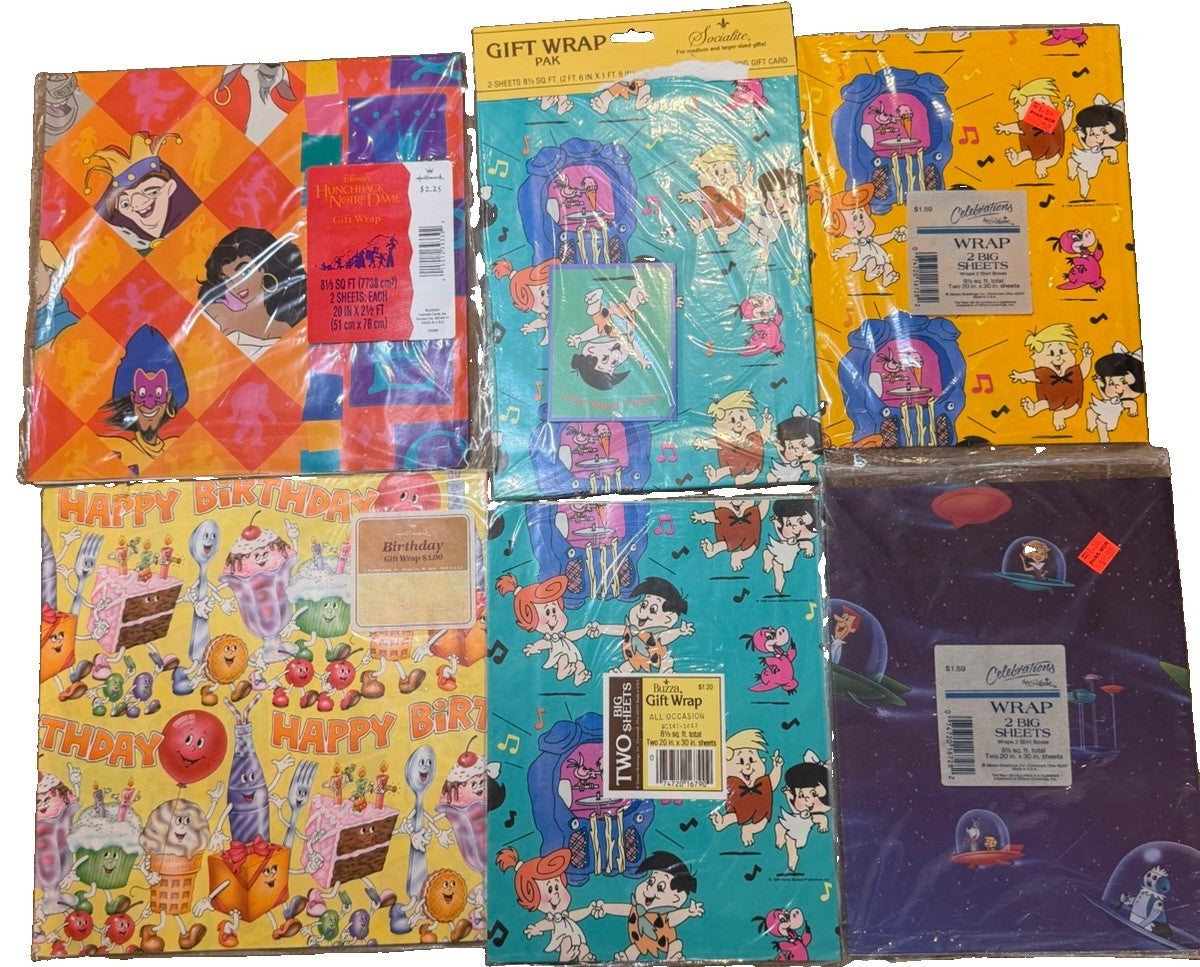 Vintage Gift Wrap Lot 6 Sealed Packs Flintstones Jetsons Hunchback Notre Dame