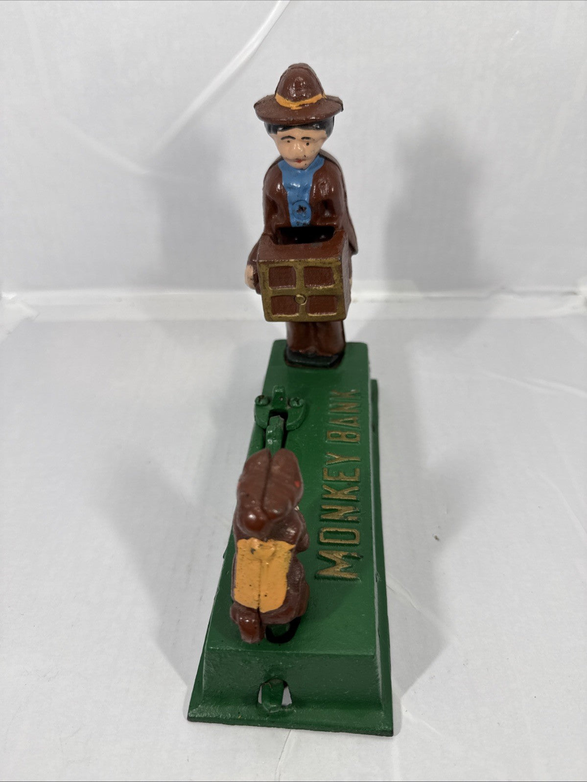 Vintage Cast Iron Mechanical Monkey Bank Organ Grinder Original Paint Very Clean