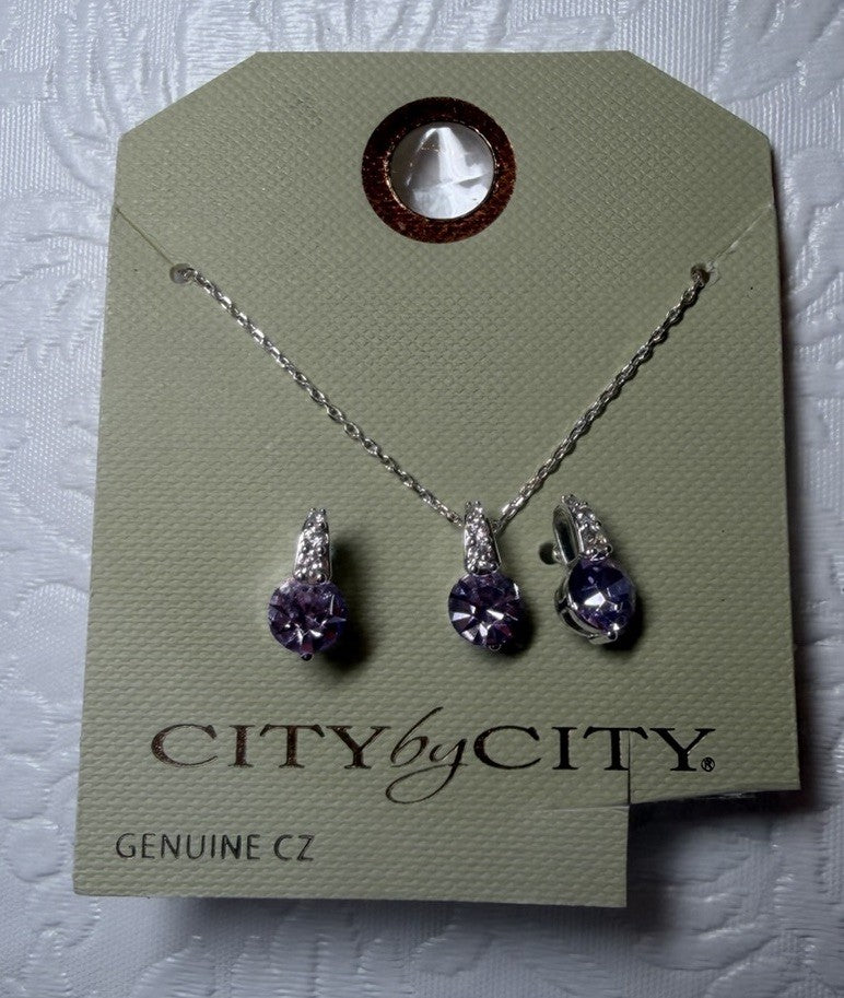 City by City CZ Pendant Necklace Earrings Set Purple Silver Tone New Tags