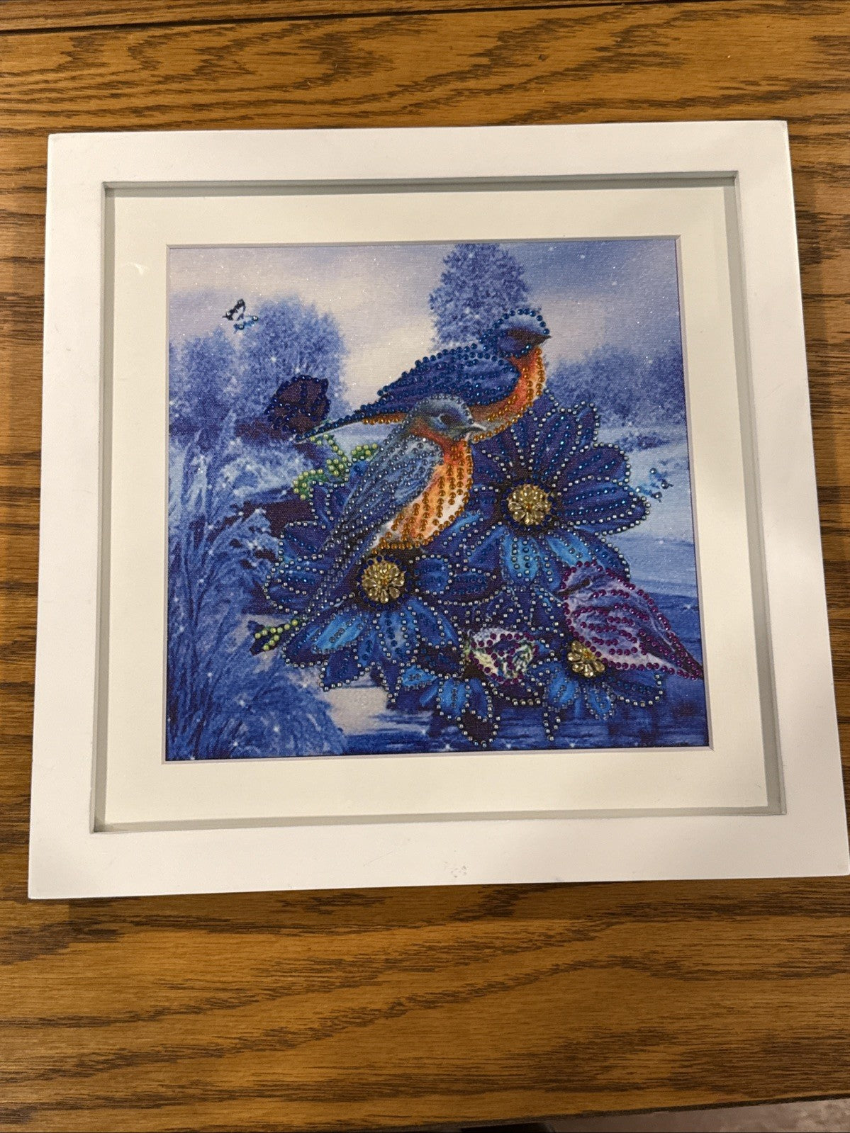 Framed Diamond Art Birds Blue Floral Sparkle Mosaic Wall Decor Home Art