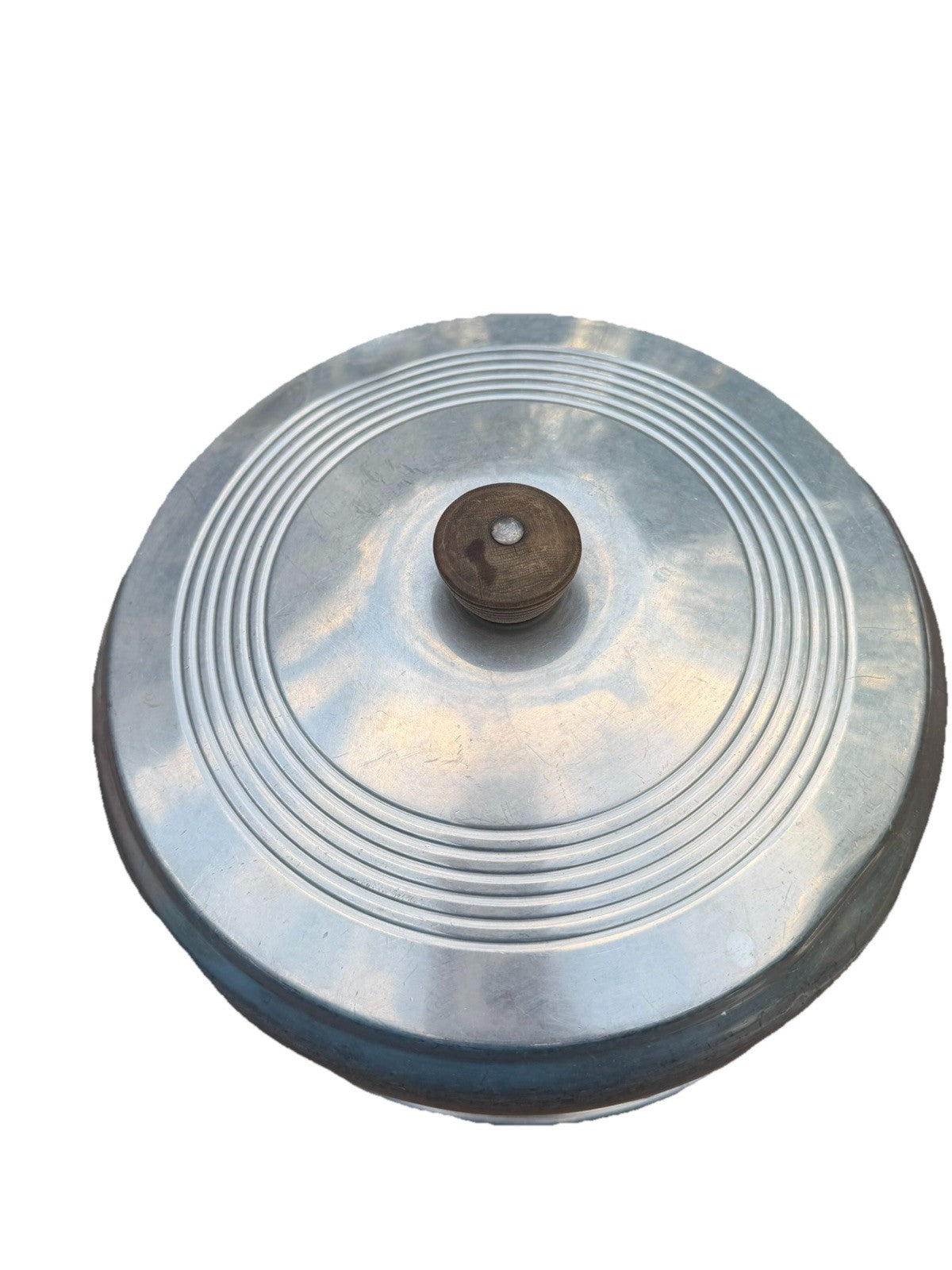 Vintage 10" Aluminum Cake Dome Lid Mid Century Wooden Knob Cover