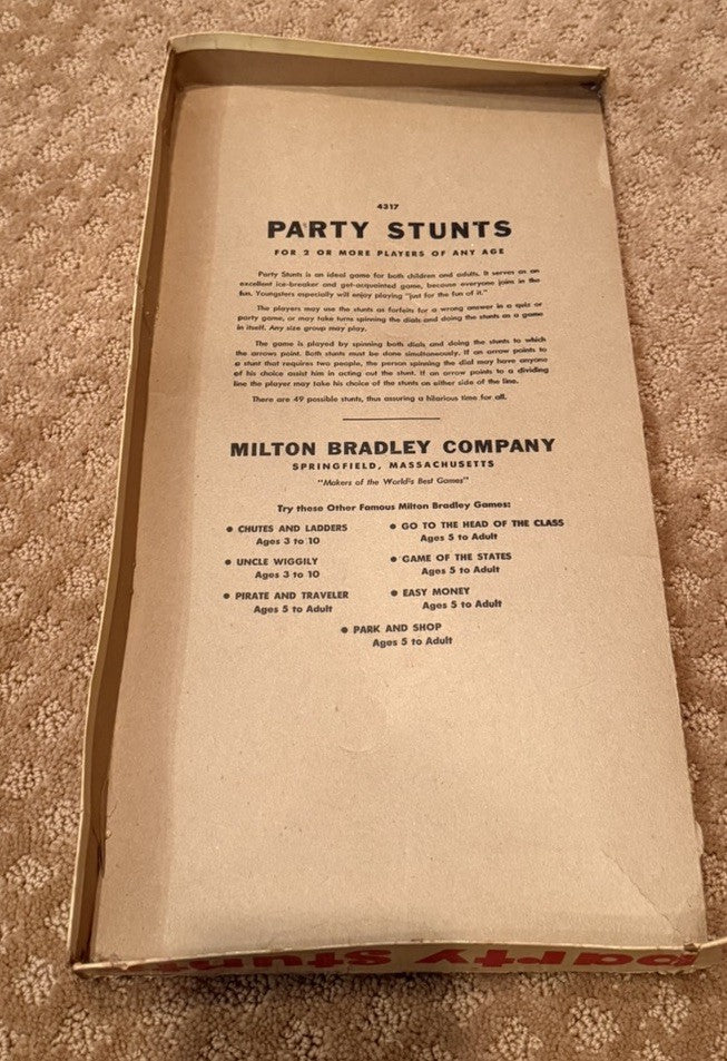 Vintage 1950s Milton Bradley Party Stunts 4317 Dual Spinner Complete Game Box MB