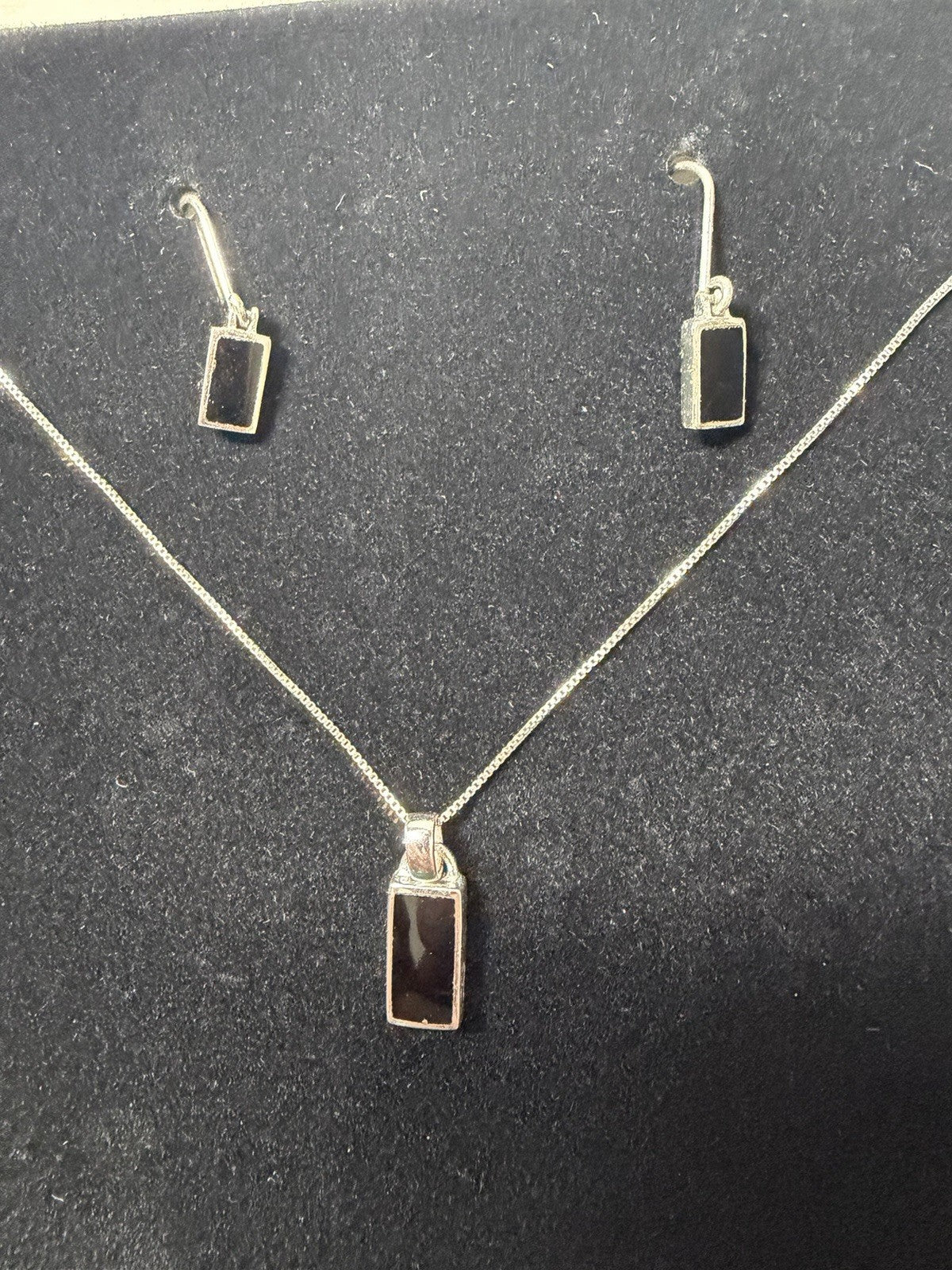 Sterling Silver 925 Black Onyx Rectangle Pendant Necklace Dangle Earrings Set