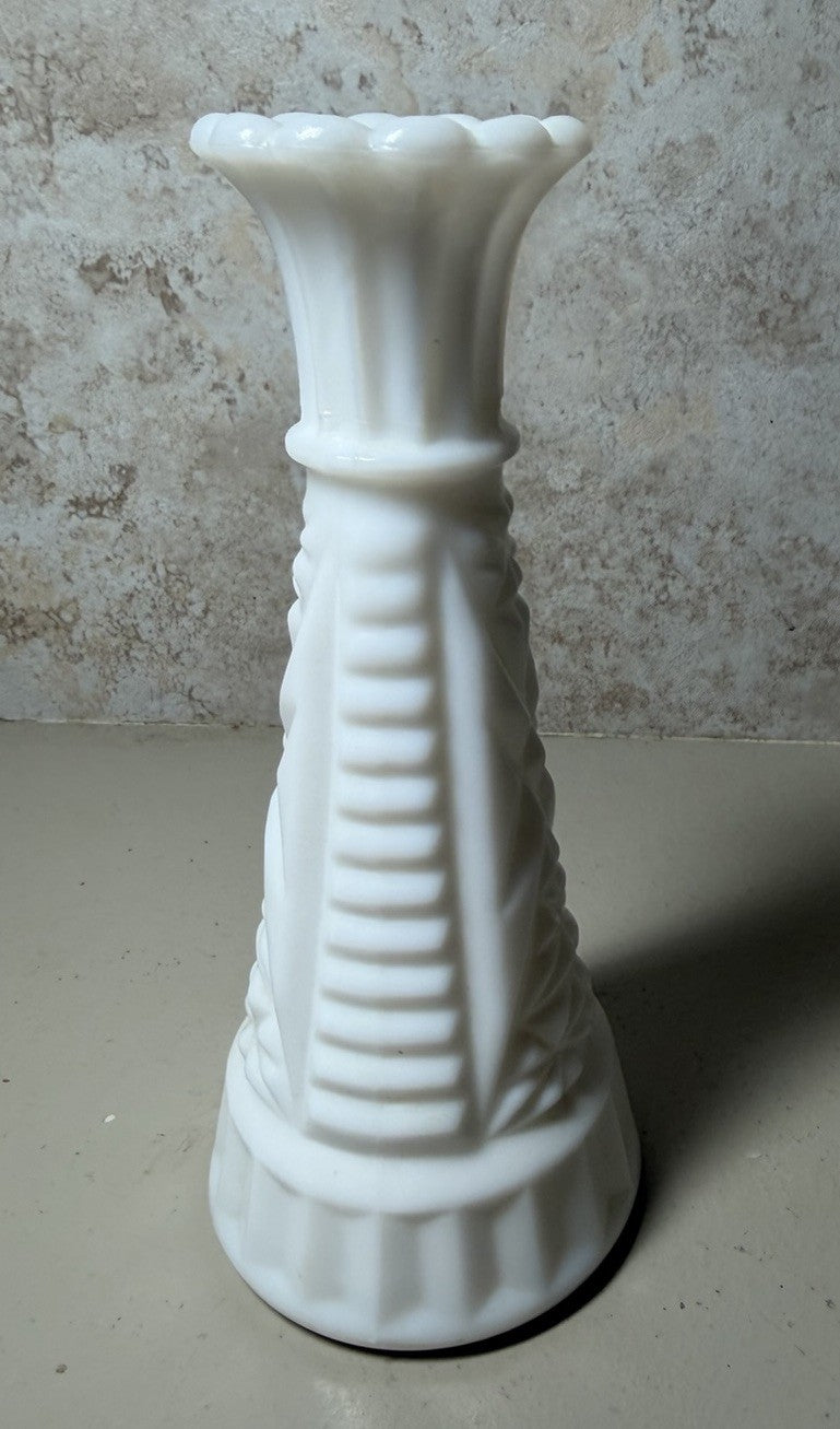 Vintage White Milk Glass Bud Vase 6 Inch Diamond Starburst Scalloped Edge